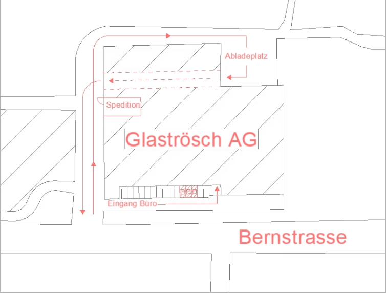 Situationsplan der Zufahrt zur Bernstrasse 120 in Steffisburg mit eingezeichnetem Abladeplatz, Spedition und Eingang Büro
