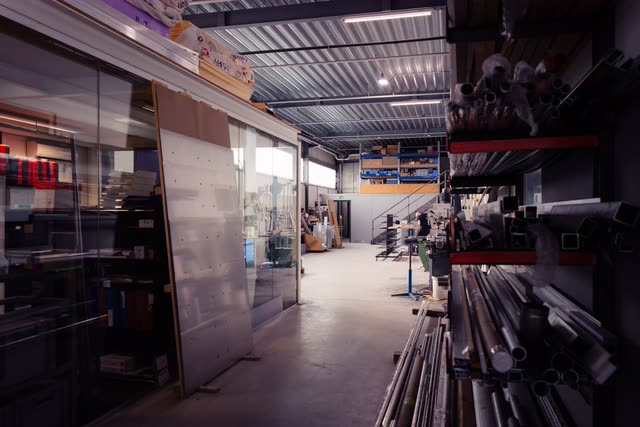 Materiallager mit Stahlprofilen und Blechtafeln in der Werkstatt der K-Metallbau GmbH