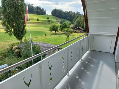 Balkonbrüstung mit weiss beschichteten Blechfüllungen und Handlauf aus Edelstahl